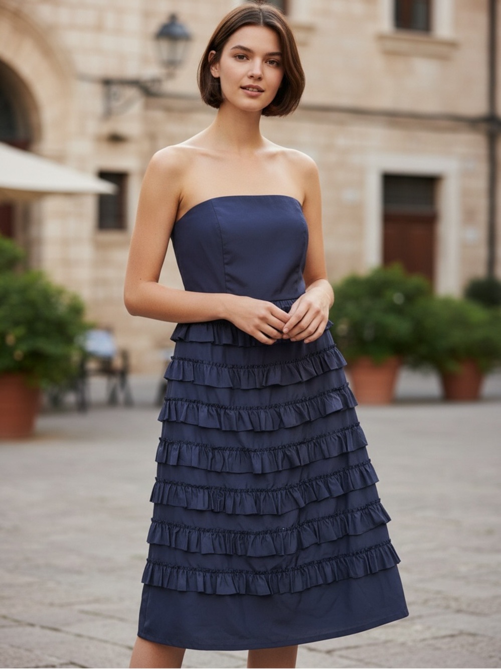 Gap Strapless Ruffle Tiered Dress Navy Silk Cotton Blend Knee Length Y2K Size 4